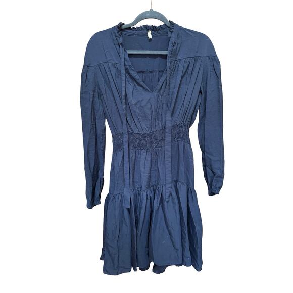 Maje Navy Blue Tie Neck Long Sleeve Ruffle Mini Dress Size 3 - Picture 2 of 9
